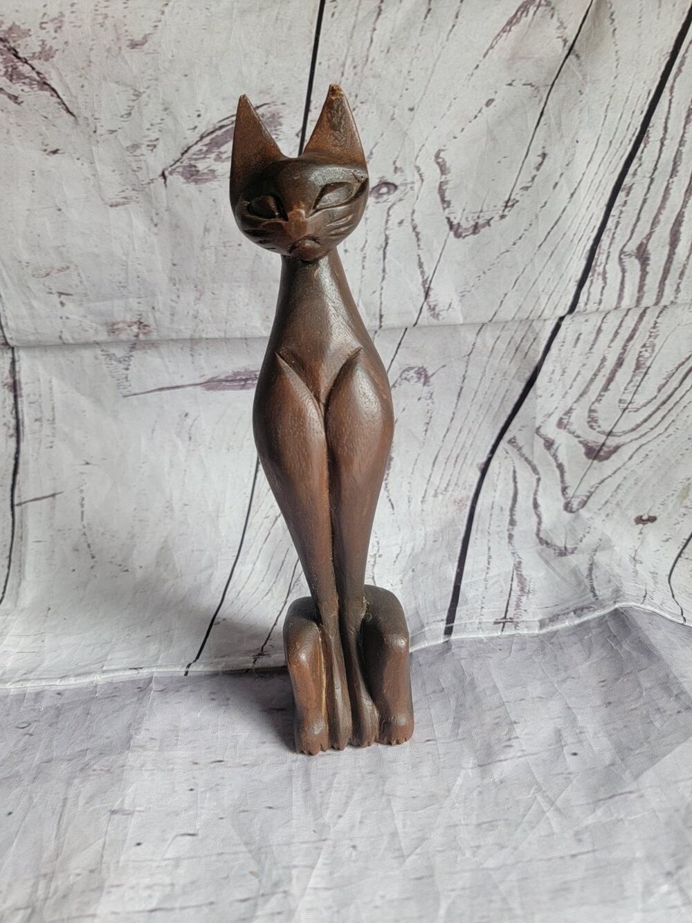 Vintage 1960s Hand-Carved Wooden Siamese Tiki Cat Lina Vizcarra Oandasan 9.5in